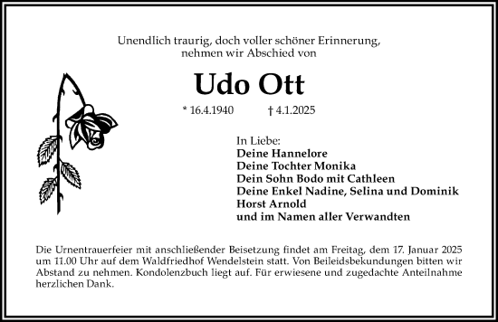 Traueranzeige von Udo Ott von Schwabacher Tagblatt Lokal