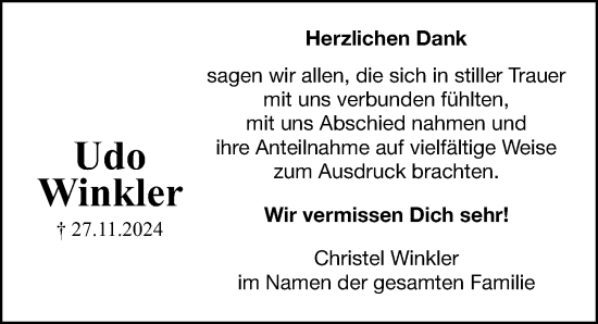 Traueranzeige von Udo Winkler von Fürther Nachrichten Lokal