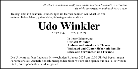 Traueranzeige von Udo Winkler von Fürther Nachrichten Lokal