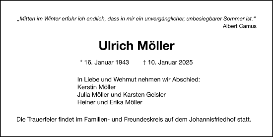 Traueranzeige von Ulrich Möller von Gesamtausgabe Nürnberger Nachrichten/ Nürnberger Ztg.