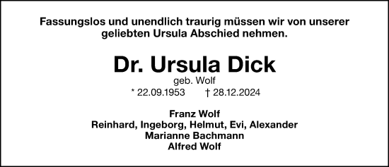 Traueranzeige von Ursula Dick von Gesamtausgabe Nürnberger Nachrichten/ Nürnberger Ztg.