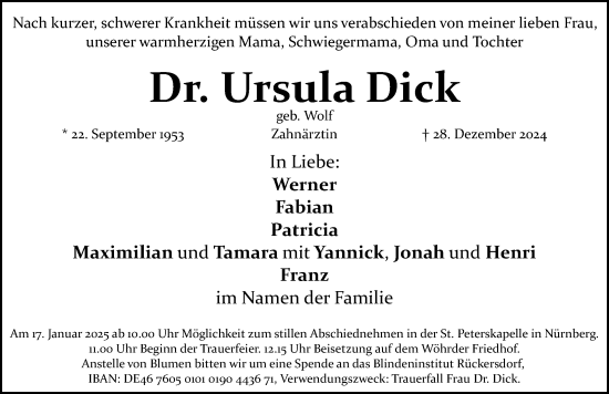 Traueranzeige von Ursula Dick von Gesamtausgabe Nürnberger Nachrichten/ Nürnberger Ztg.