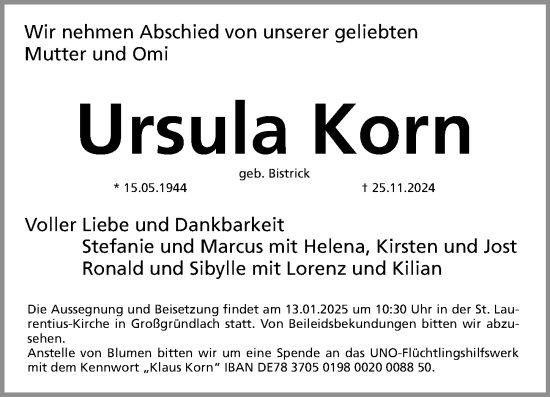 Traueranzeige von Ursula Korn von Gesamtausgabe Nürnberger Nachrichten/ Nürnberger Ztg.