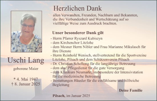 Traueranzeige von Uschi Lang von Neumarkter Nachrichten Lokal