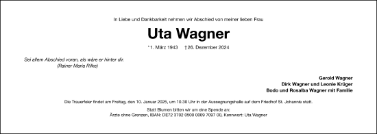 Traueranzeige von Uta Wagner von Gesamtausgabe Nürnberger Nachrichten/ Nürnberger Ztg.