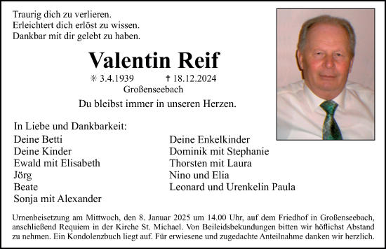 Traueranzeige von Valentin Reif von Erlanger Nachrichten Lokal