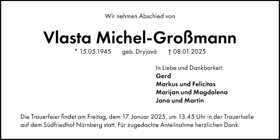 Traueranzeige von Vlasta Michel-Großmann von Gesamtausgabe Nürnberger Nachrichten/ Nürnberger Ztg.