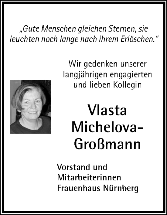 Traueranzeige von Vlasta Michelova-Großmann von Gesamtausgabe Nürnberger Nachrichten/ Nürnberger Ztg.