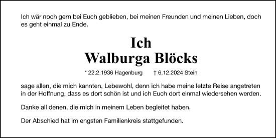 Traueranzeige von Walburga Blöcks von Fürther Nachrichten Lokal