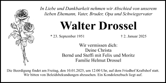 Traueranzeige von Walter Drossel von Gesamtausgabe Nürnberger Nachrichten/ Nürnberger Ztg.