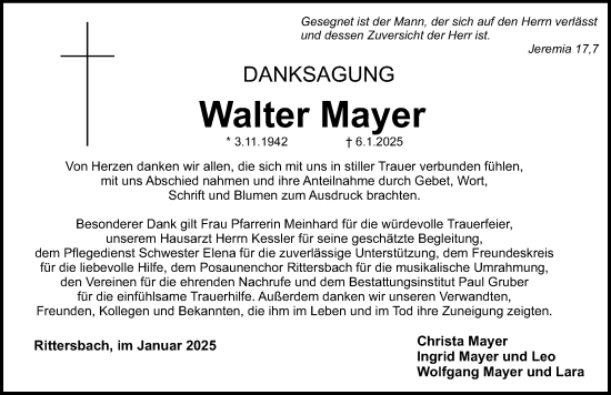 Traueranzeige von Walter Mayer von Roth-Hilpoltsteiner Volkszeitung Lokal