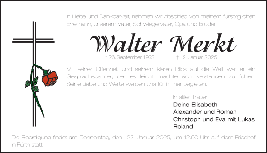 Traueranzeige von Walter Merkt von Erlanger Nachrichten Lokal