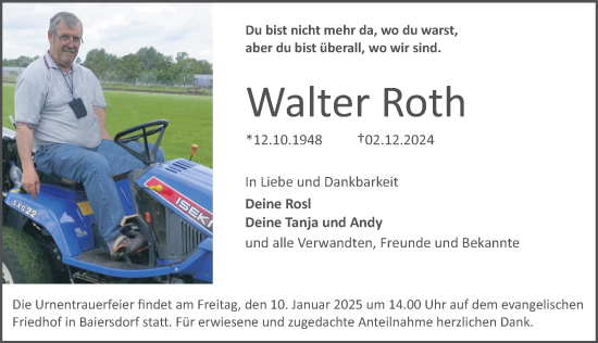 Traueranzeige von Walter Roth von Erlanger Nachrichten Lokal