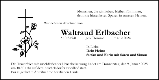 Traueranzeige von Waltraud Erlbacher von Gesamtausgabe Nürnberger Nachrichten/ Nürnberger Ztg.