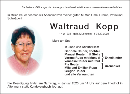 Traueranzeige von Waltraud Kopp von Altmühl-Bote Lokal