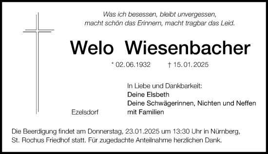 Traueranzeige von Welo Wiesenbacher von Gesamtausgabe Nürnberger Nachrichten/ Nürnberger Ztg.