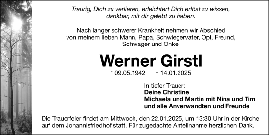 Traueranzeige von Werner Girstl von Gesamtausgabe Nürnberger Nachrichten/ Nürnberger Ztg.