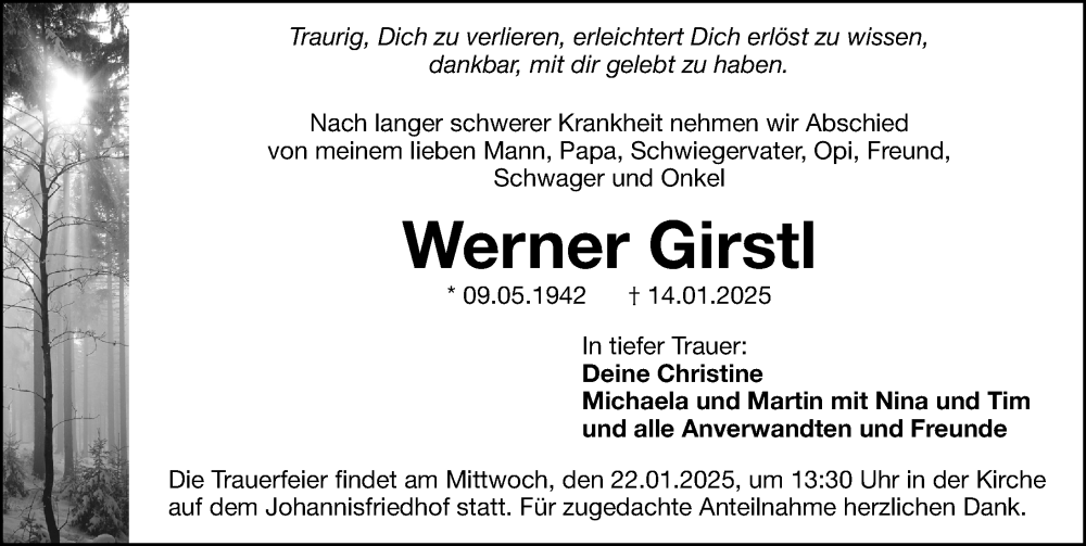  Traueranzeige für Werner Girstl vom 18.01.2025 aus Gesamtausgabe Nürnberger Nachrichten/ Nürnberger Ztg.