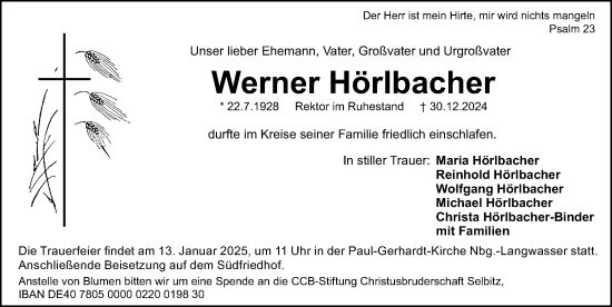 Traueranzeige von Werner Hörlbacher von Gesamtausgabe Nürnberger Nachrichten/ Nürnberger Ztg.