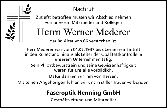 Traueranzeige von Werner Mederer von Roth-Hilpoltsteiner Volkszeitung Lokal