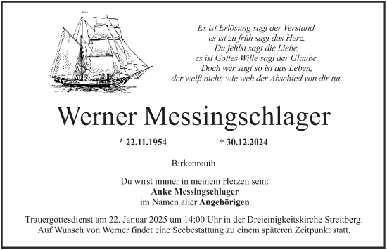Traueranzeige von Werner Messingschlager von Nordbayerische Nachrichten Forchheim Lokal