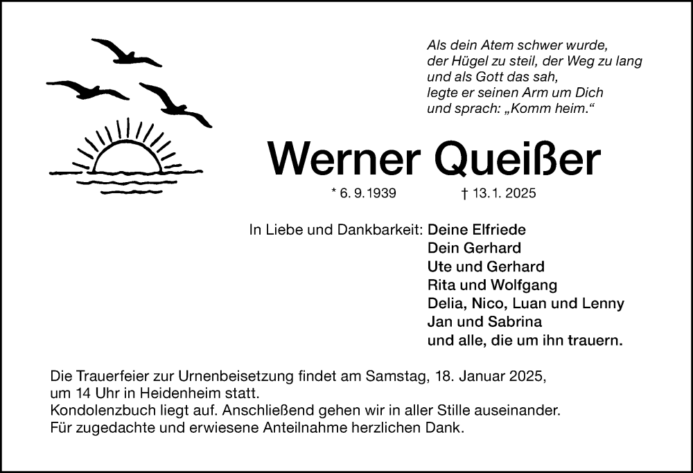  Traueranzeige für Werner Queißer vom 17.01.2025 aus Altmühl-Bote Lokal