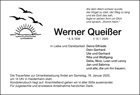 Traueranzeige von Werner Queißer von Altmühl-Bote Lokal