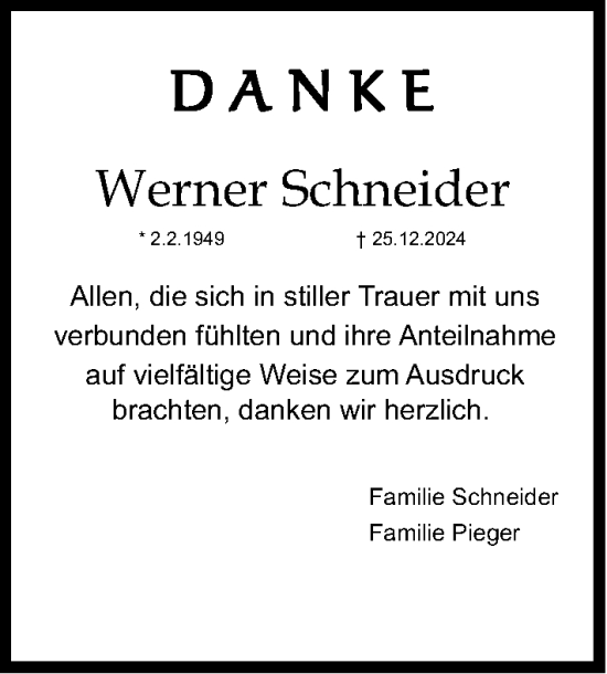 Traueranzeige von Werner Schneider von Gesamtausgabe Nürnberger Nachrichten/ Nürnberger Ztg.