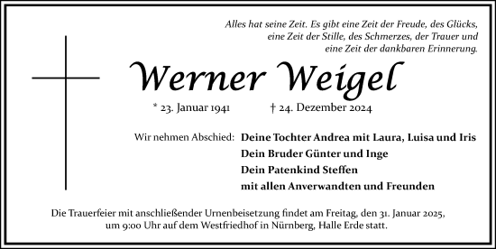 Traueranzeige von Werner Weigel von Gesamtausgabe Nürnberger Nachrichten/ Nürnberger Ztg.