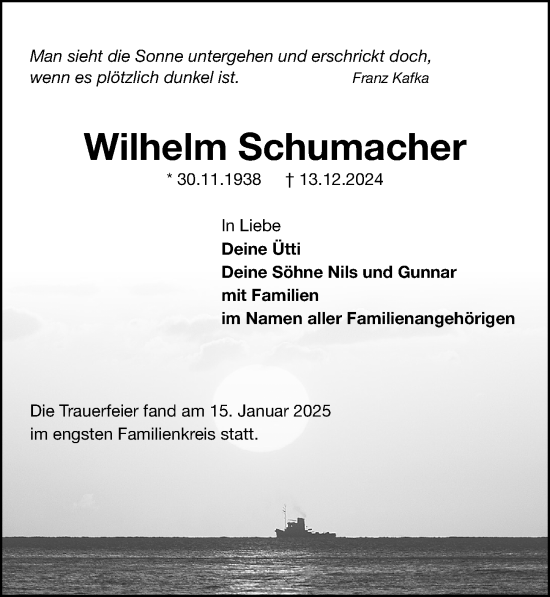 Traueranzeige von Wilhelm Schumacher von Gesamtausgabe Nürnberger Nachrichten/ Nürnberger Ztg.