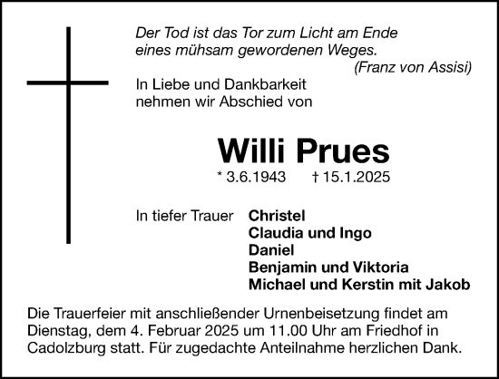 Traueranzeige von Willi Prues von Fürther Nachrichten Lokal