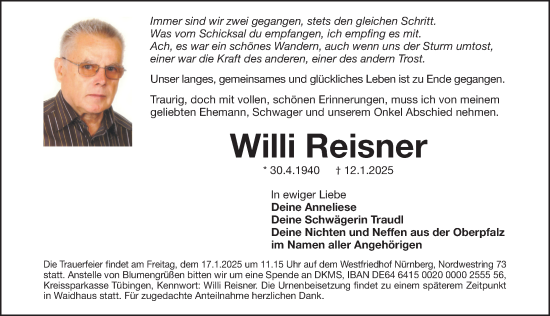 Traueranzeige von Willi Reisner von Gesamtausgabe Nürnberger Nachrichten/ Nürnberger Ztg.