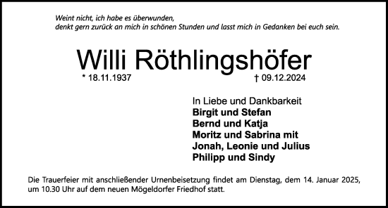 Traueranzeige von Willi Röthlingshöfer von Gesamtausgabe Nürnberger Nachrichten/ Nürnberger Ztg.