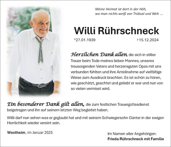 Traueranzeige von Willi Rührschneck von Altmühl-Bote Lokal