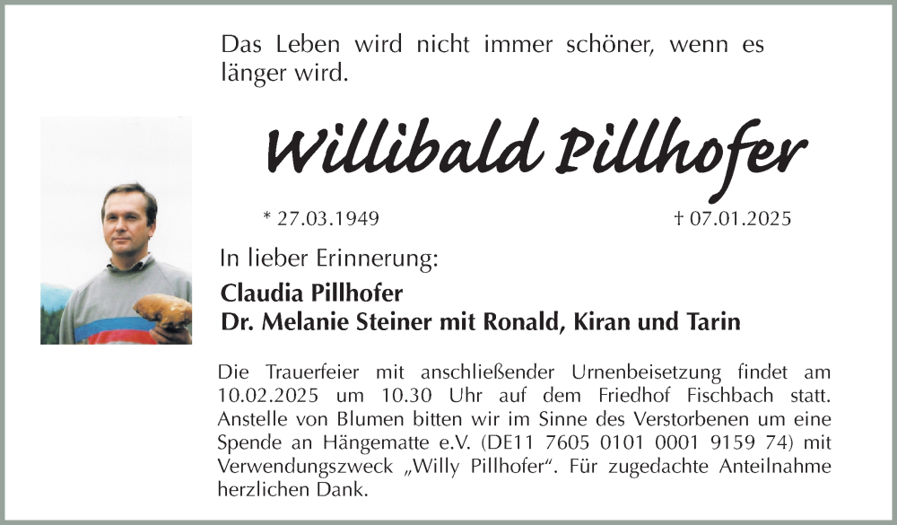  Traueranzeige für Willibald Pillhofer vom 01.02.2025 aus Gesamtausgabe Nürnberger Nachrichten/ Nürnberger Ztg.