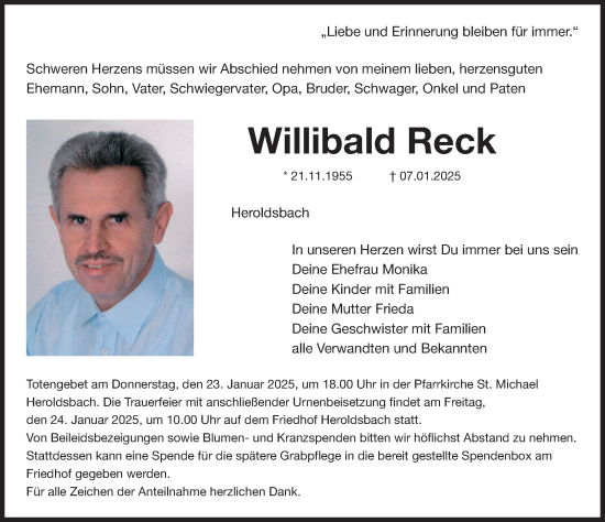 Traueranzeige von Willibald Reck von Nordbayerische Nachrichten Forchheim Lokal