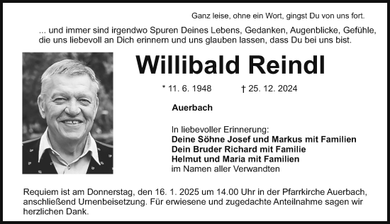 Traueranzeige von Willibald Reindl von Nordbayerische Nachrichten Pegnitz Lokal