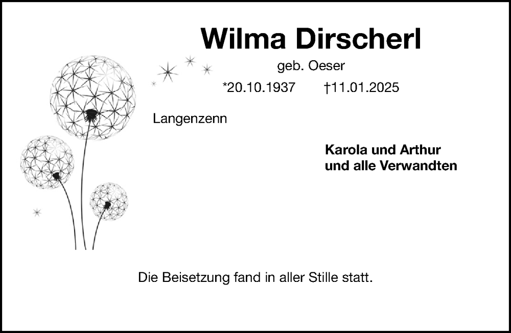  Traueranzeige für Wilma Dirscherl vom 25.01.2025 aus Gesamtausgabe Nürnberger Nachrichten/ Nürnberger Ztg.