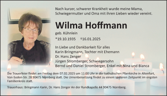 Traueranzeige von Wilma Hoffmann von Gesamtausgabe Nürnberger Nachrichten/ Nürnberger Ztg.