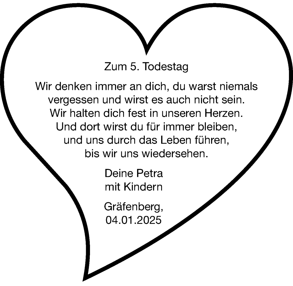  Traueranzeige für Wir denken immer an dich  vom 04.01.2025 aus Nordbayerische Nachrichten Forchheim Lokal