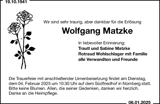 Traueranzeige von Wolfgang Matzke von Gesamtausgabe Nürnberger Nachrichten/ Nürnberger Ztg.