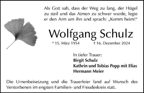 Traueranzeige von Wolfgang Schulz von Gesamtausgabe Nürnberger Nachrichten/ Nürnberger Ztg.