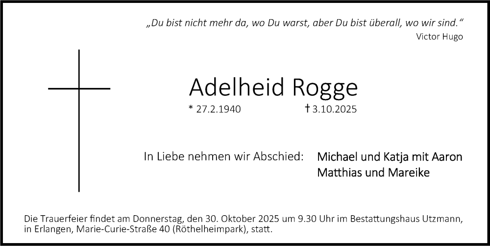  Traueranzeige für Adelheid Rogge vom 25.10.2025 aus Erlanger Nachrichten/ Gesamtausgabe Nürnberger Nachrichten/ Nürnberger Ztg.