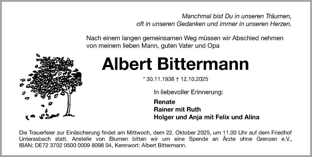  Traueranzeige für Albert Bittermann vom 18.10.2025 aus Fürther Nachrichten Lokal