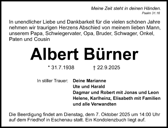 Traueranzeige von Albert Bürner von Gesamtausgabe Nürnberger Nachrichten/ Nürnberger Ztg.