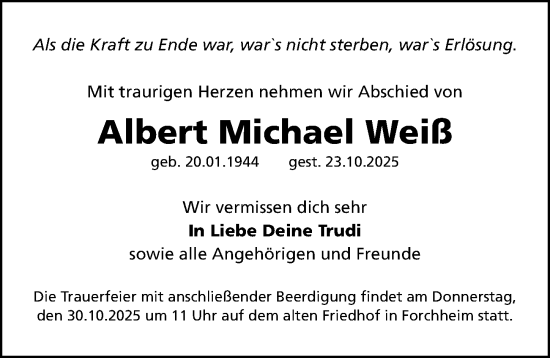 Traueranzeige von Albert Michael Weiß von Gesamtausgabe Nürnberger Nachrichten/ Nürnberger Ztg.