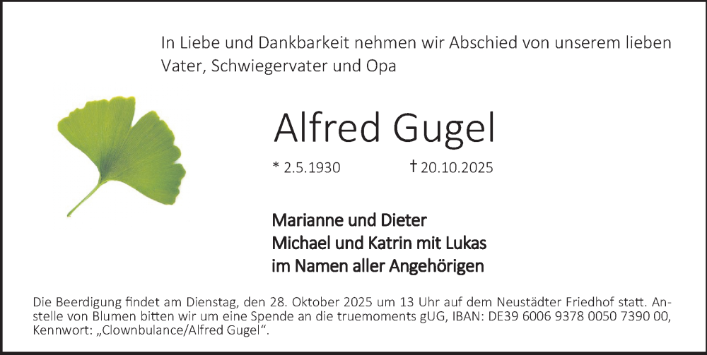  Traueranzeige für Alfred Gugel vom 25.10.2025 aus Erlanger Nachrichten Lokal