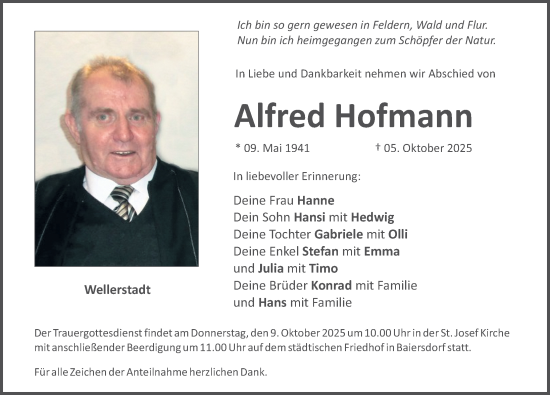 Traueranzeige von Alfred Hofmann von Erlanger Nachrichten Lokal