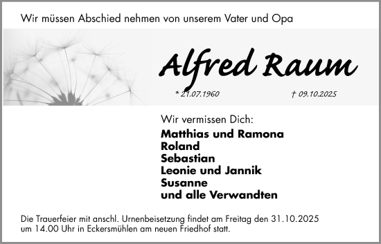 Traueranzeige von Alfred Raum von Roth-Hilpoltsteiner Volkszeitung Lokal