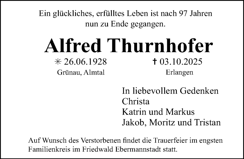  Traueranzeige für Alfred Thurnhofer vom 11.10.2025 aus Erlanger Nachrichten Lokal